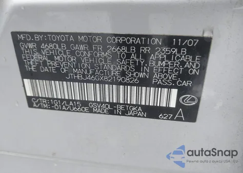 2008 Lexus Es 350 from USA, damaged, VIN JTHBJ46GX82190826